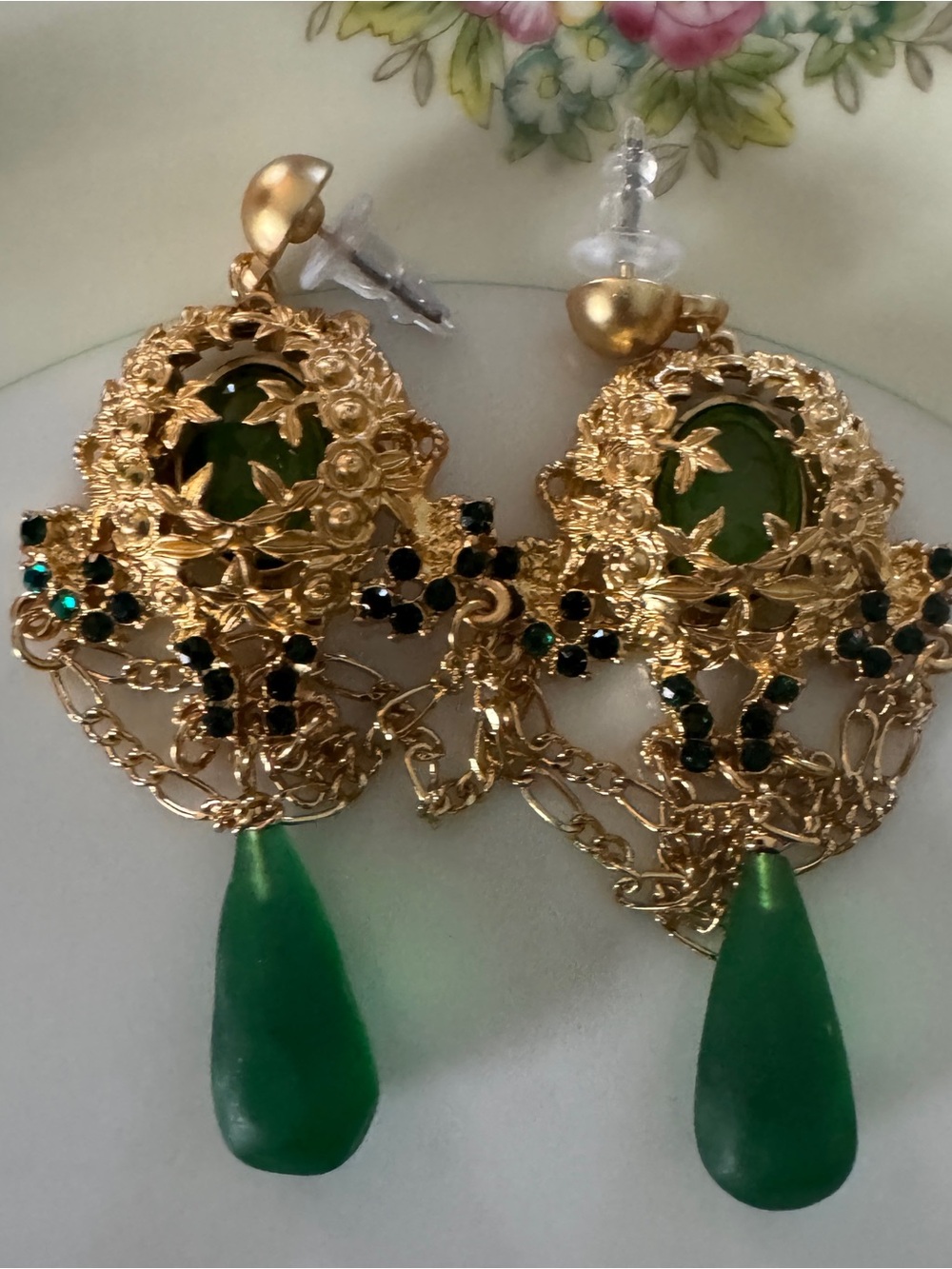 Gold-Tone Floral Drop Earrings with Emerald Green Teardrops